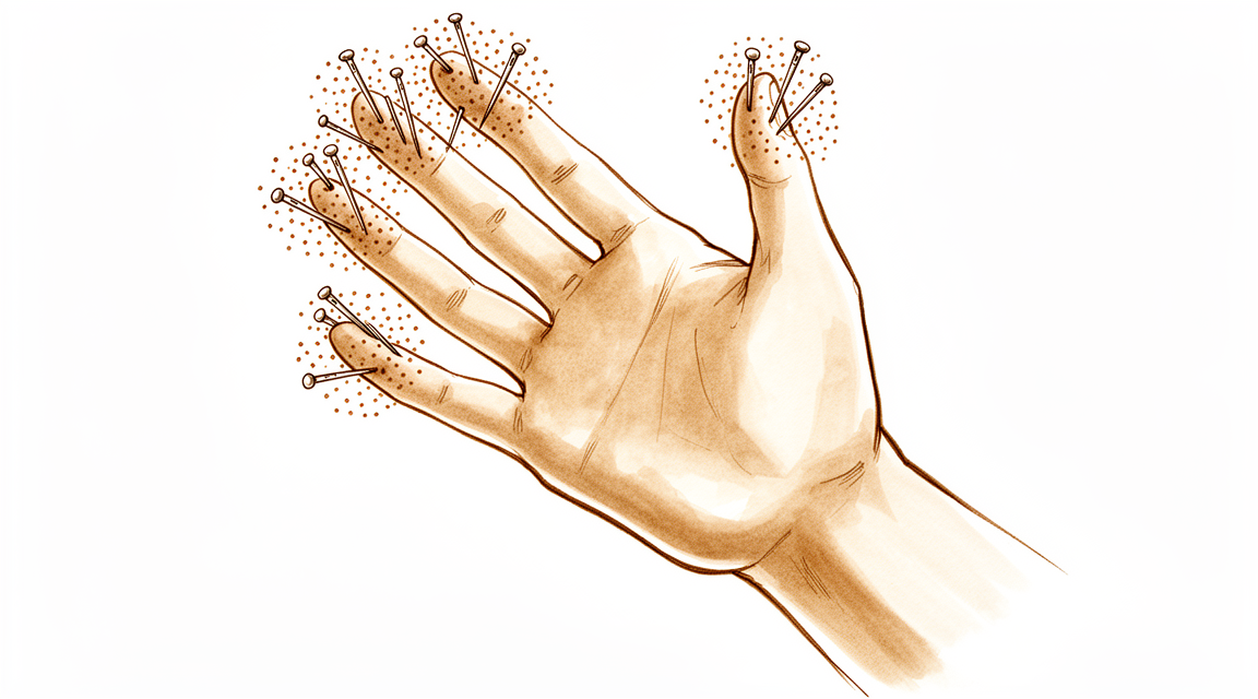 A hand with pins-and-needles dots on the fingertips.