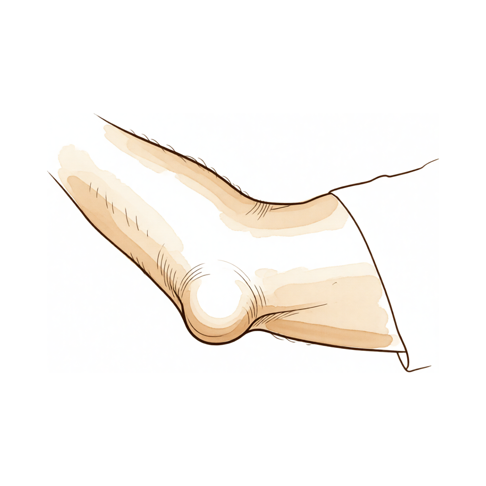 Illustration of a bent elbow with a swollen, fluid-filled bursa over the tip of the elbow.