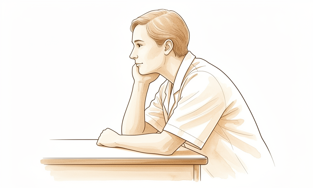 A hand-drawn illustration of a faceless person resting a bent elbow on a table with a swollen soft lump at the tip of the elbow.
