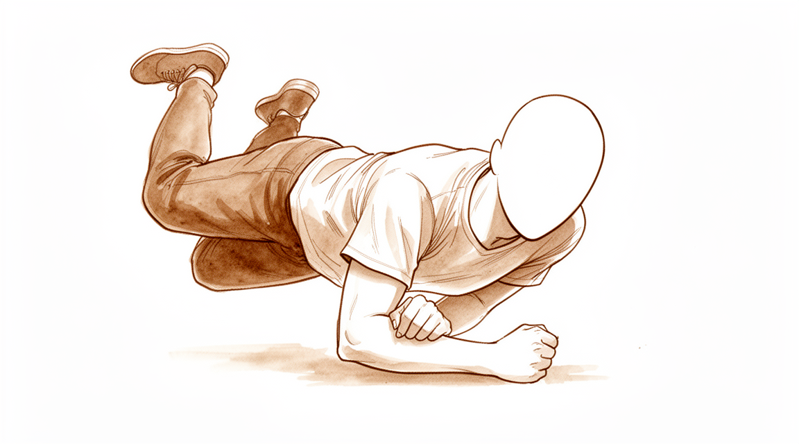 A hand-drawn illustration of a faceless person falling and landing directly on the point of their bent elbow.