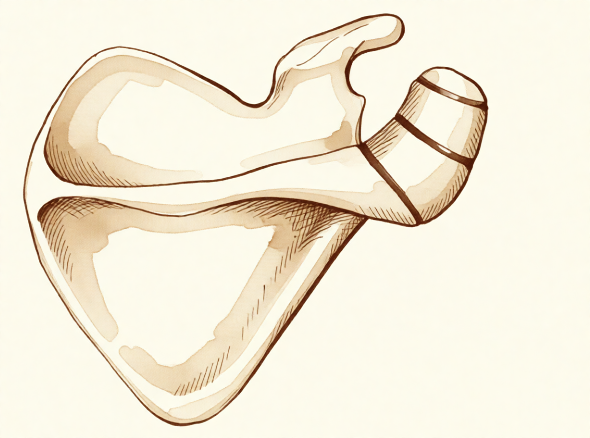 A hand-drawn illustration of an anatomical drawing of an os acromiale, the acromion with a separate unfused bony fragment.