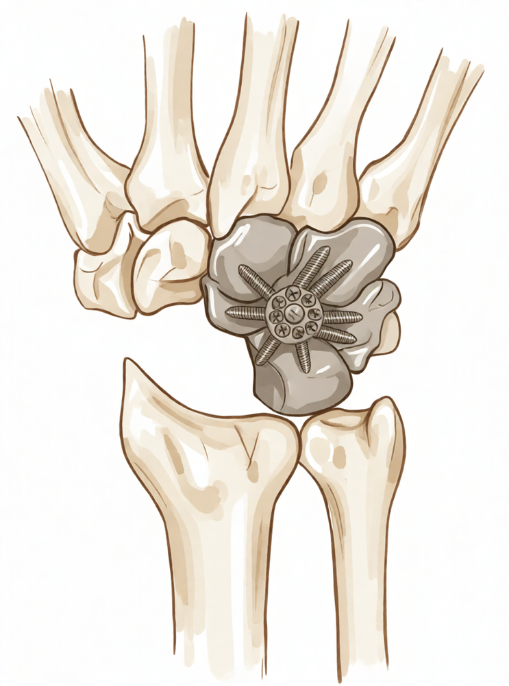 A hand-drawn illustration of a partial fusion of the carpal bones of the wrist.