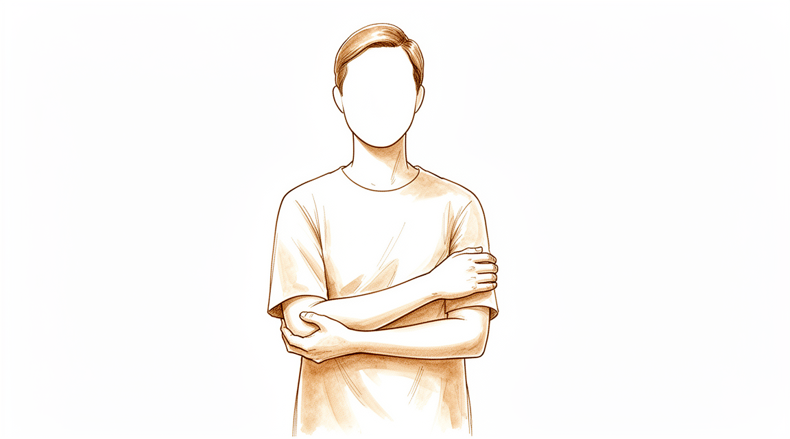 Illustration of a person supporting their forearm in front of the chest, standing tall.