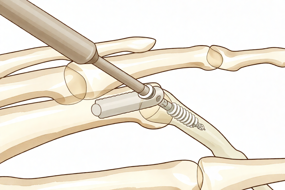 A hand-drawn illustration of surgical fusion of the middle-finger joint.