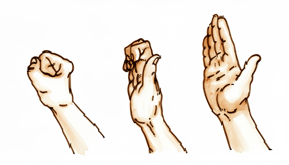 Actively straightening the operated finger out fully against gravity, with the knuckle joint supported.
