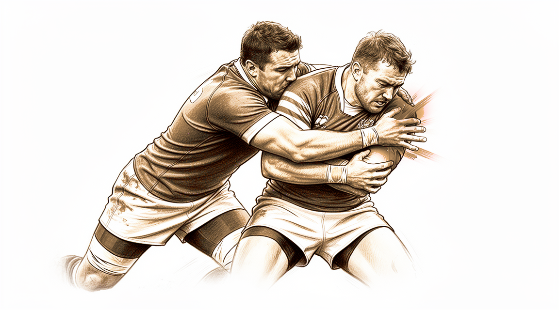 Illustration of two rugby players in a tackle.