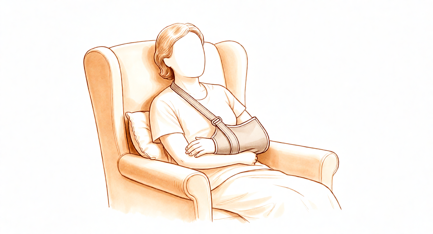 Illustration of a person resting with the arm supported in a sling.