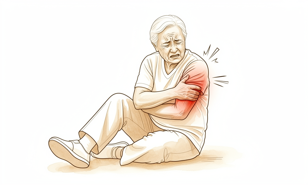 A hand-drawn illustration of a fractured upper arm bone just below the shoulder.