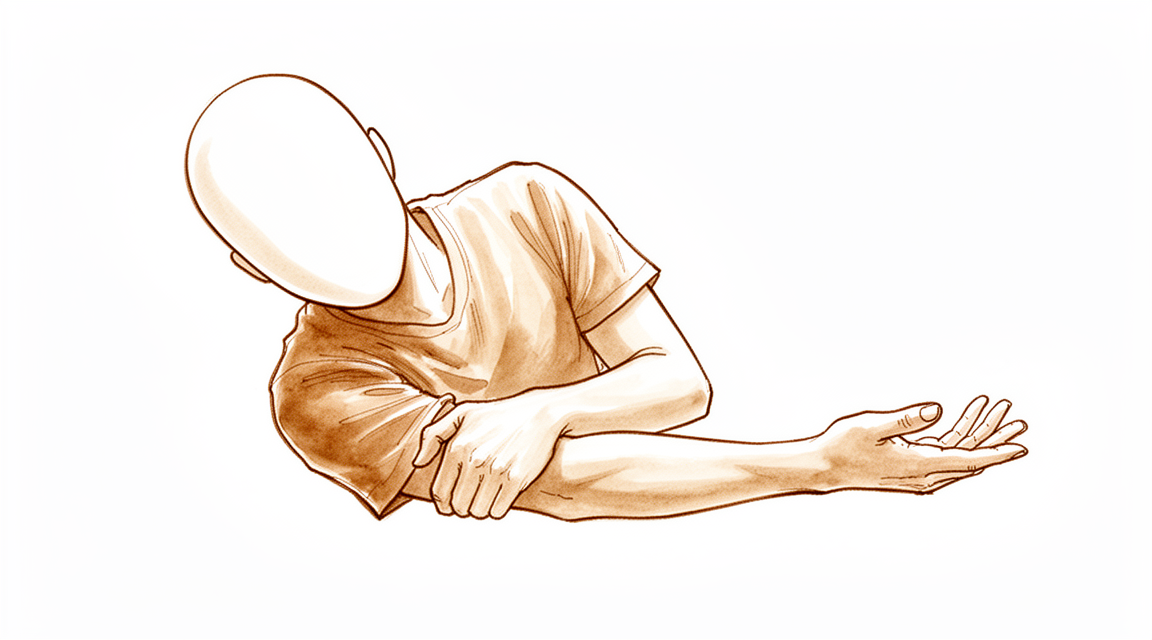 A hand-drawn illustration of a faceless person who fell onto an outstretched hand, holding their elbow.