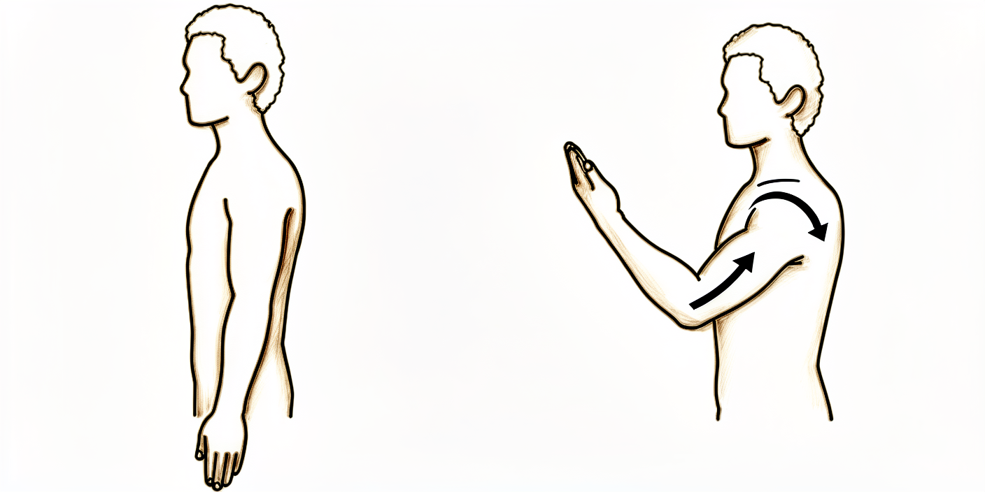Seated figure straightening the elbow down, then bending the hand up towards the shoulder.