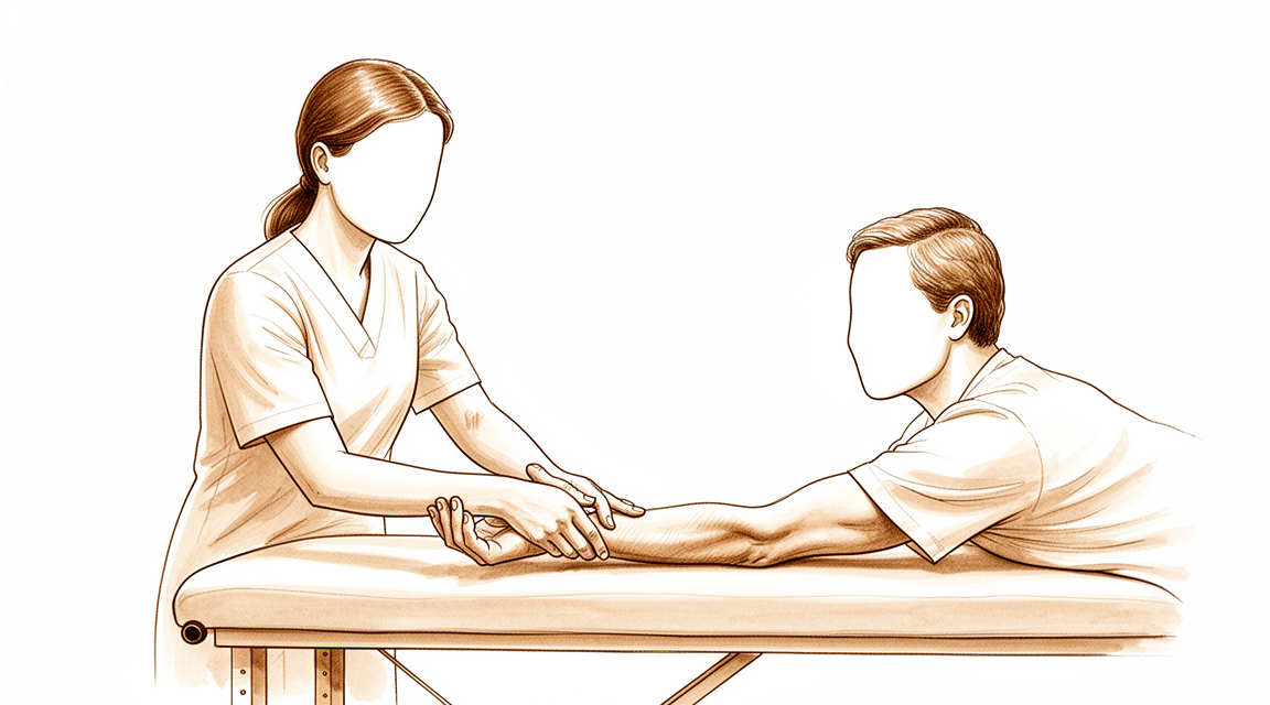 Illustration of a hand therapist stretching a person's forearm and wrist on a treatment table.