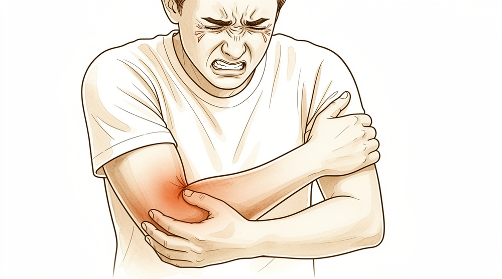 Illustration of a person clutching the upper outer forearm in pain.