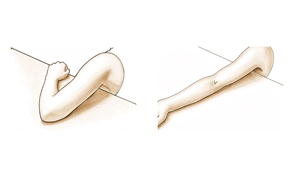 Straightening the elbow as far as is comfortable.