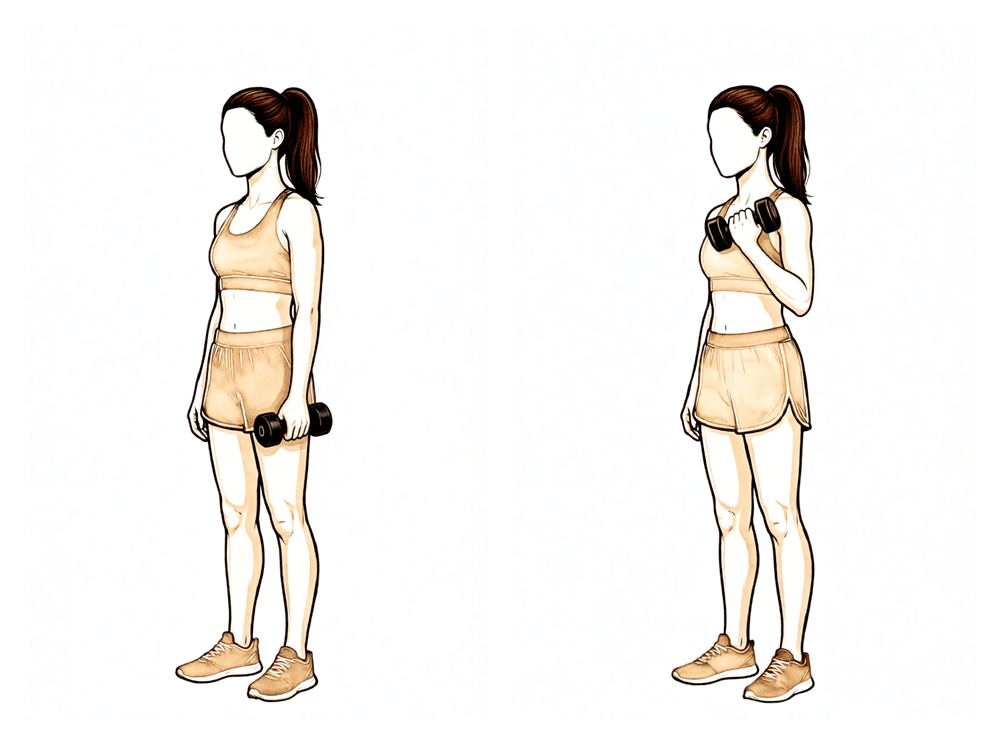 Standing biceps curl with a small dumbbell, elbow kept at the side.