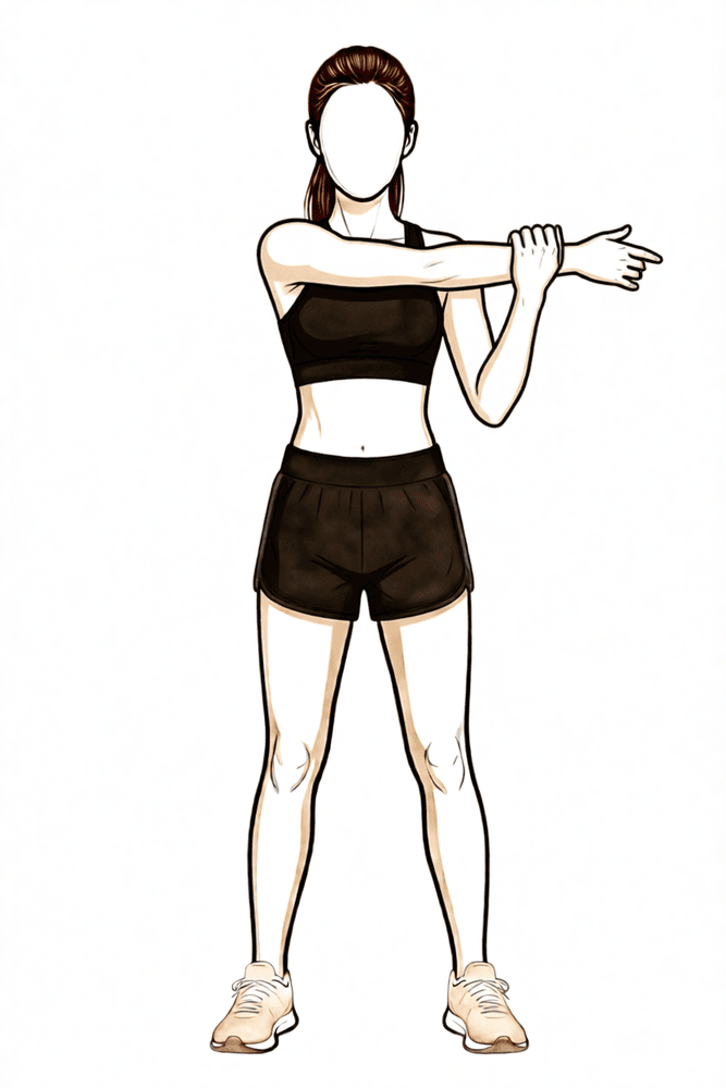 The operated arm is drawn gently across the chest with the other hand.