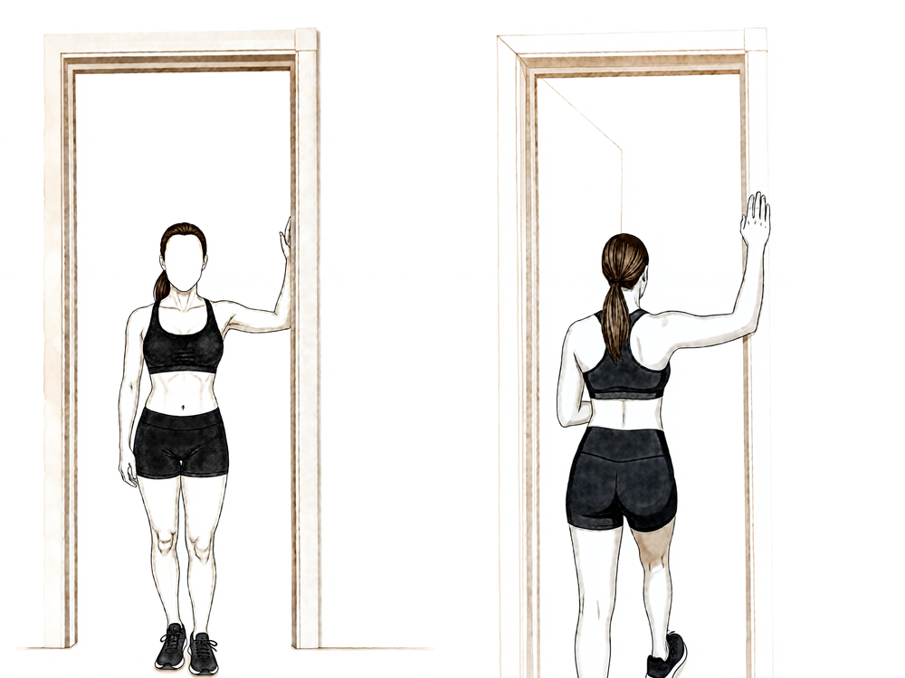 Standing in a doorway with the forearms on the frame, leaning through to stretch the front of the chest.