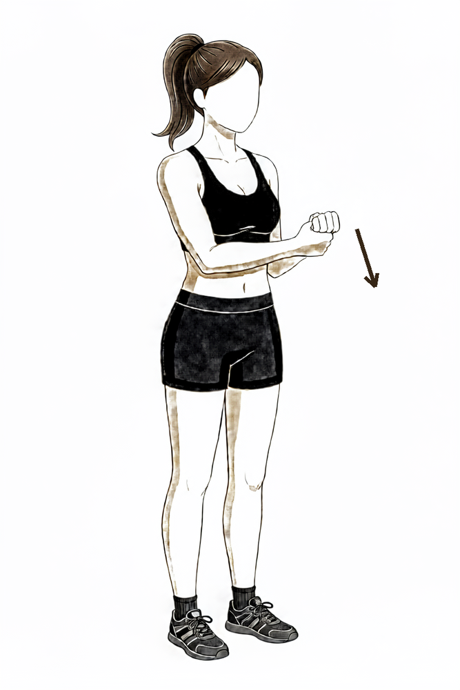 Pressing into the hand to tense the triceps without the elbow moving.