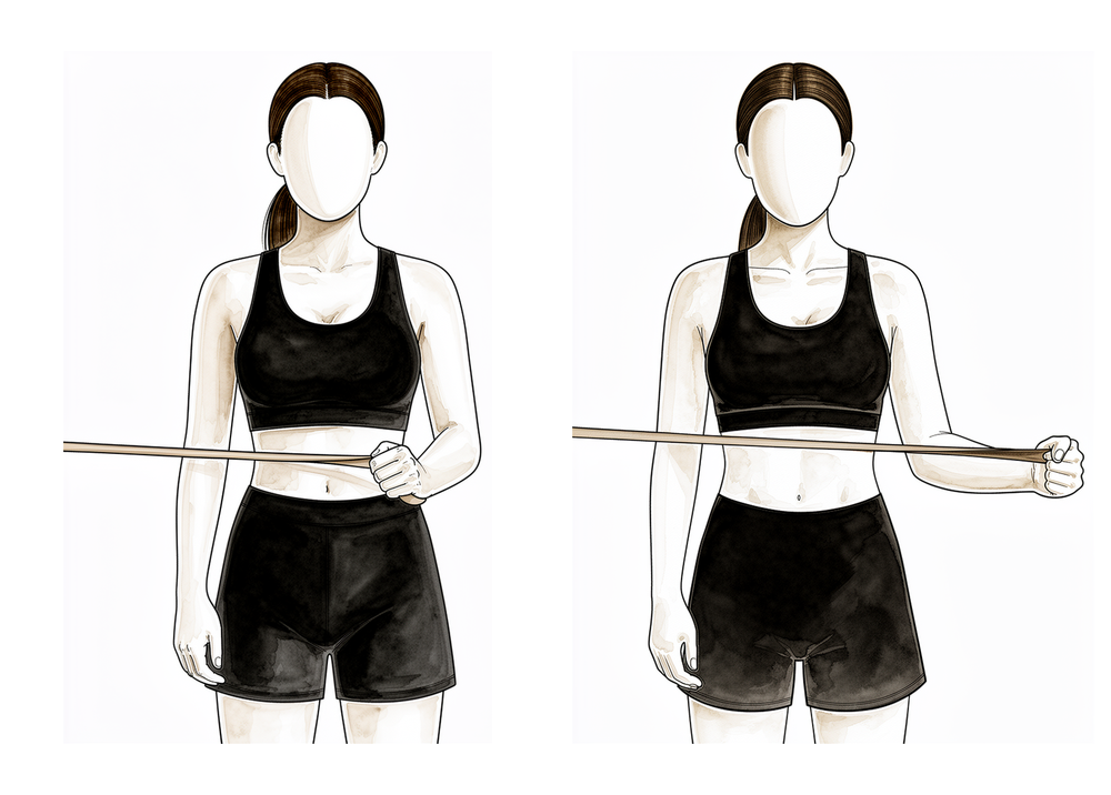 Standing with the elbow tucked at the side, pulling an elastic band outwards away from the body.