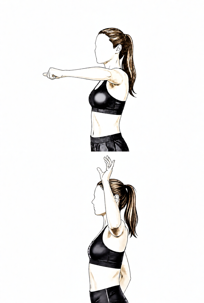 Arm out to the side at shoulder height, the forearm rotates upward and back.