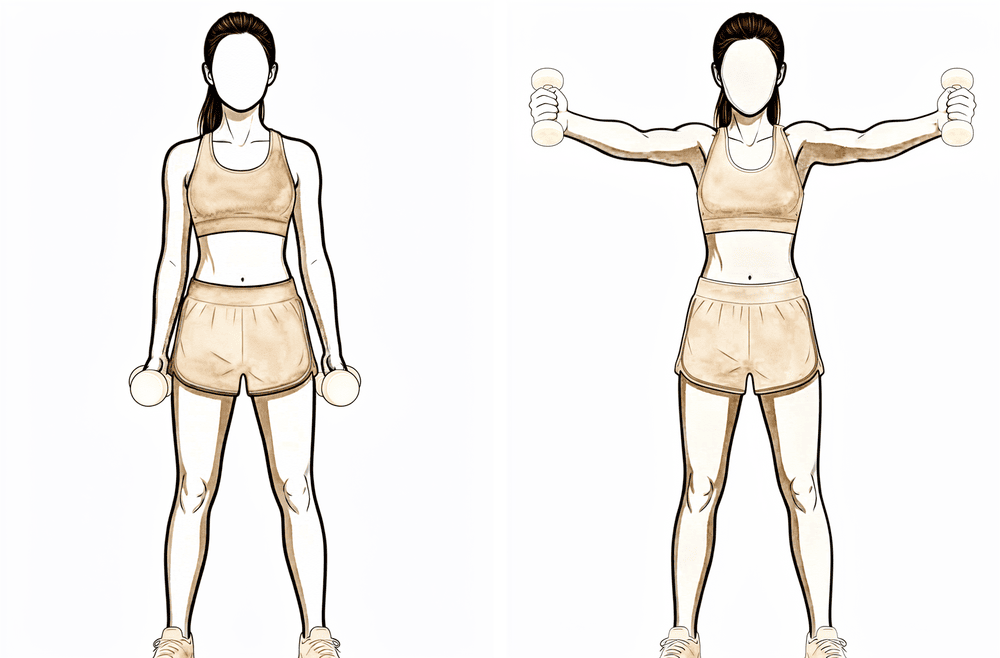 Standing and lifting the arm up and slightly forwards with the thumb pointing up, like raising a full can.