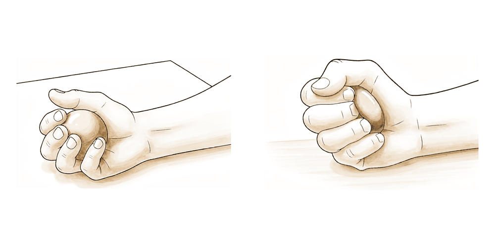 Squeezing a soft ball or putty in the hand and pinching it between thumb and fingers, building grip and pinch strength.