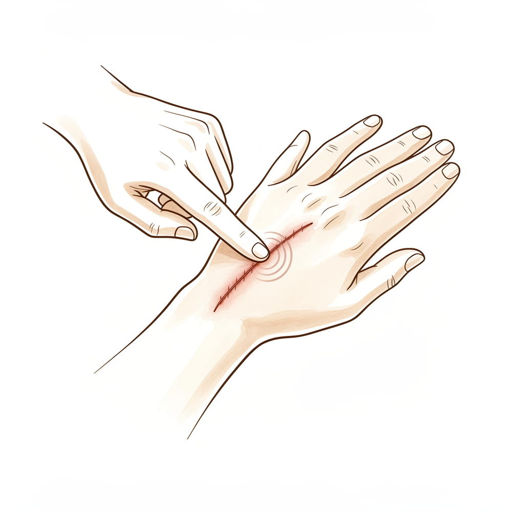 Massaging the healed surgical scar on the outside of the elbow with a fingertip.