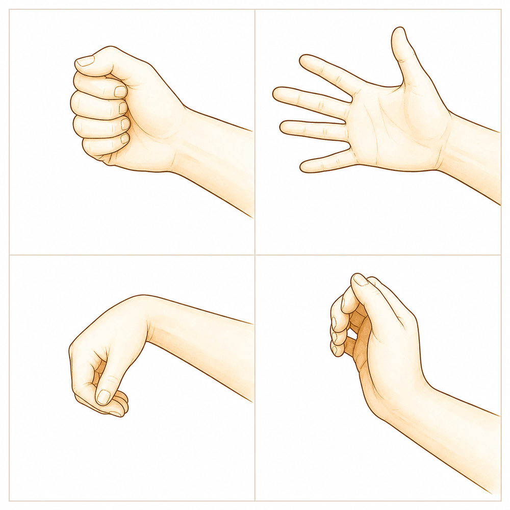 Making a full fist and opening the hand with the unoperated fingers, plus moving the thumb and wrist freely.