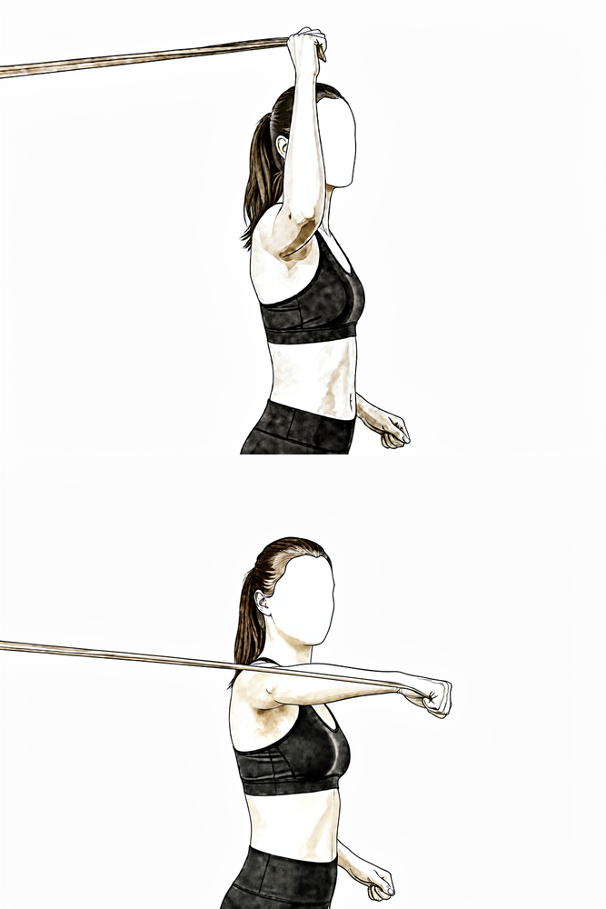 Arm out to the side at shoulder height, elbow bent to a right angle, the forearm rotating forwards and down against resistance.
