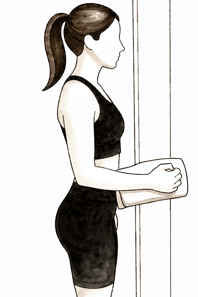 Standing with the elbow at the side, pressing the palm into a wall or doorframe without moving the arm.