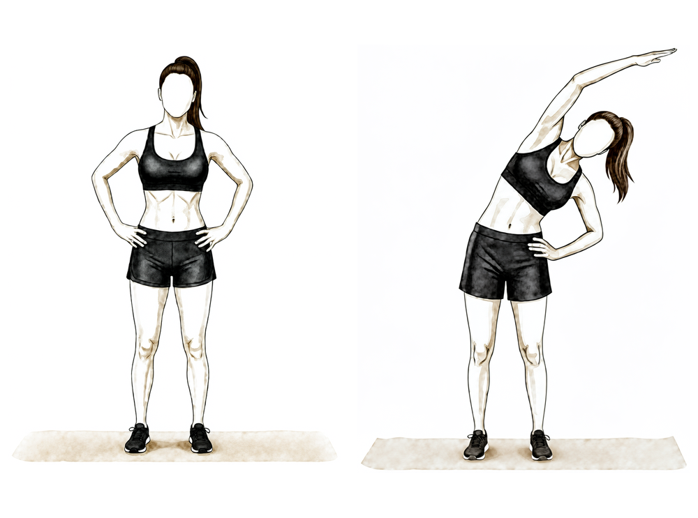 Reaching overhead and leaning to the opposite side to stretch the muscle down the side of the back.