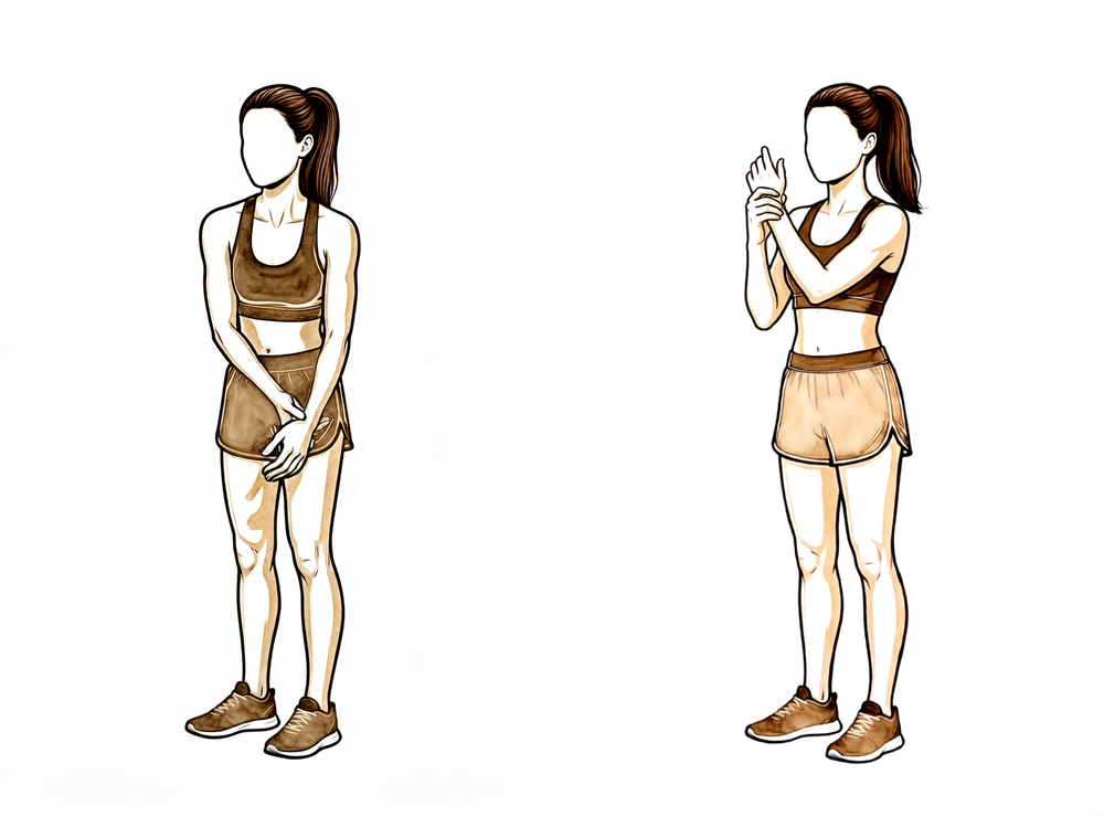 The other hand supporting and bending the operated elbow while that arm stays relaxed.