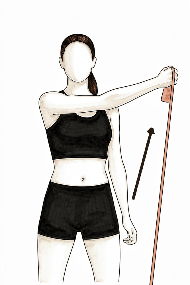 Pulling an elastic band on a diagonal from across the body up and out.