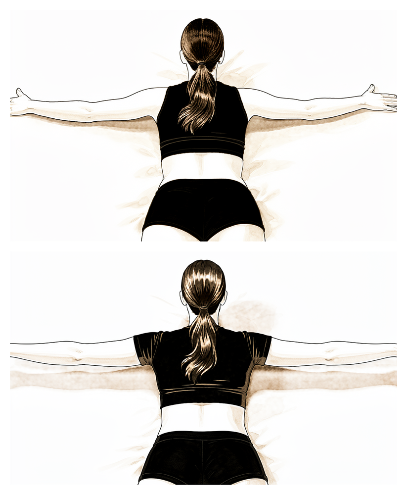 Lying face down, raising both arms out to the sides to form a T shape.