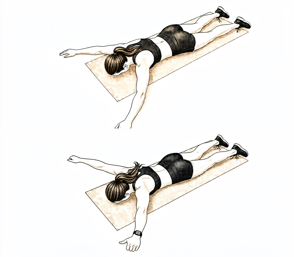 Lying face down, the arm is raised overhead in a Y position, lifting the shoulder blade.