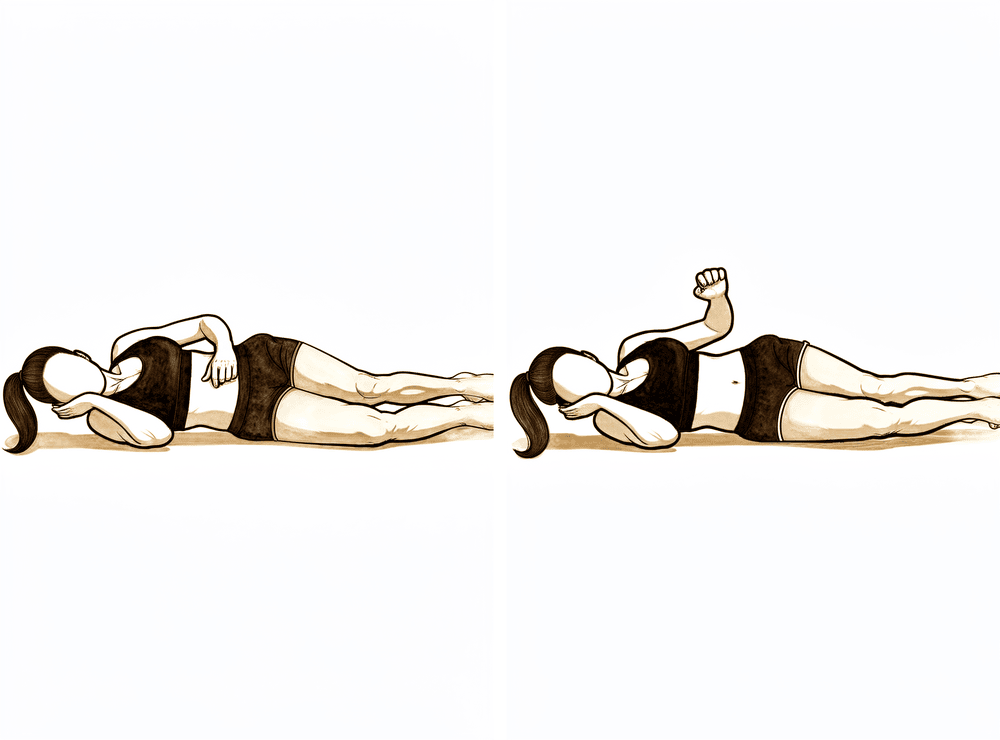 Lying on the non-operated side, rotating the top forearm up towards the ceiling with the elbow tucked at the side.