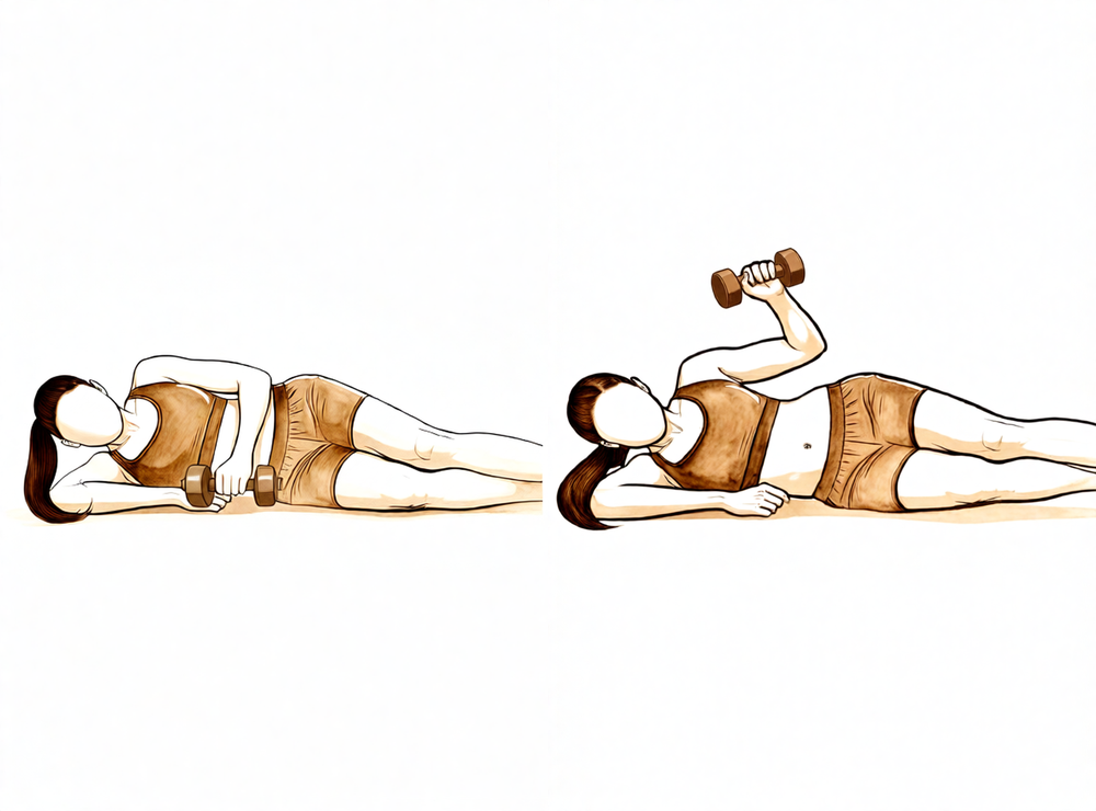 Lying on the good side, the top arm rotates a light dumbbell upwards with the elbow bent at the side.