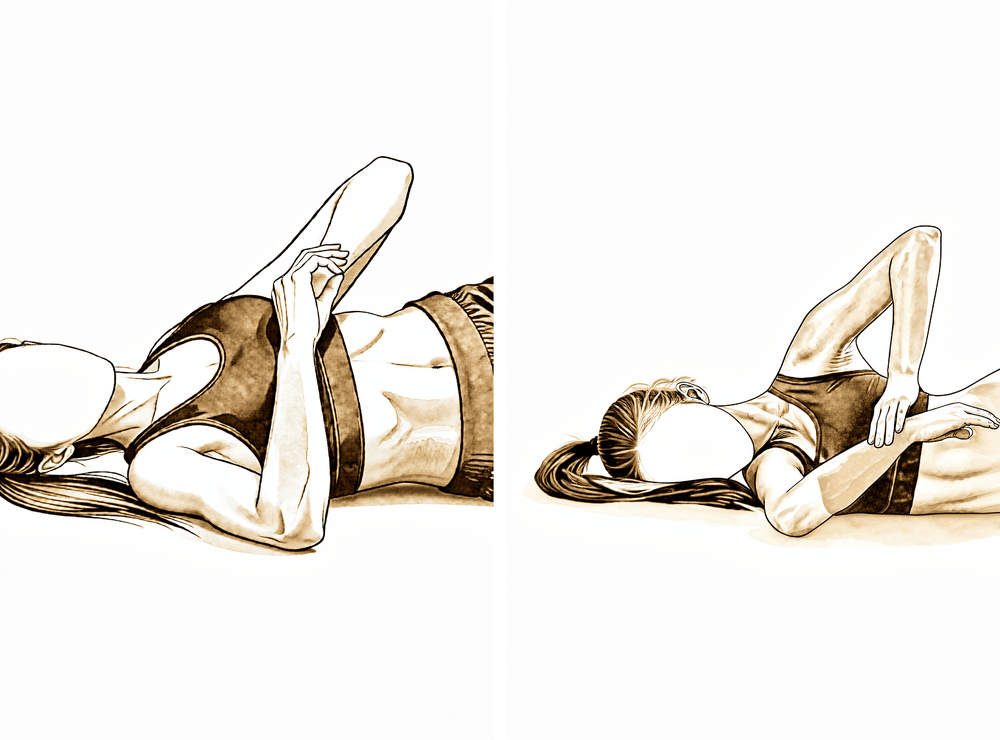 Lying on the operated side, the good hand presses the operated forearm down towards the bed to stretch internal rotation.
