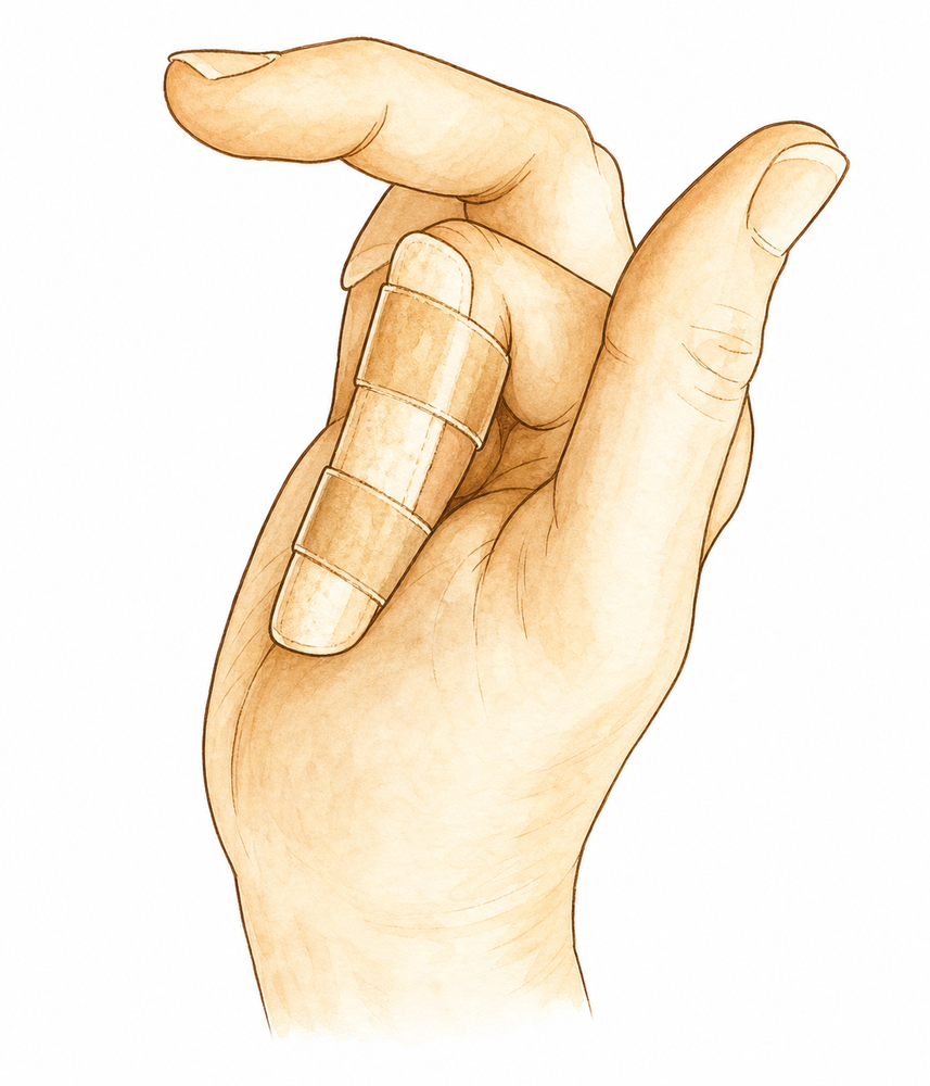 Bending and straightening the middle and knuckle joints of the finger while the splinted fingertip stays straight.