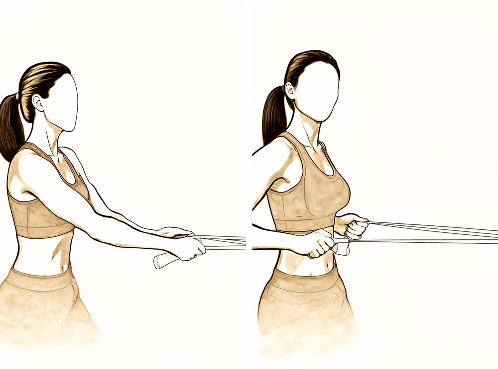 Standing row using an elastic exercise band anchored in front at waist height.