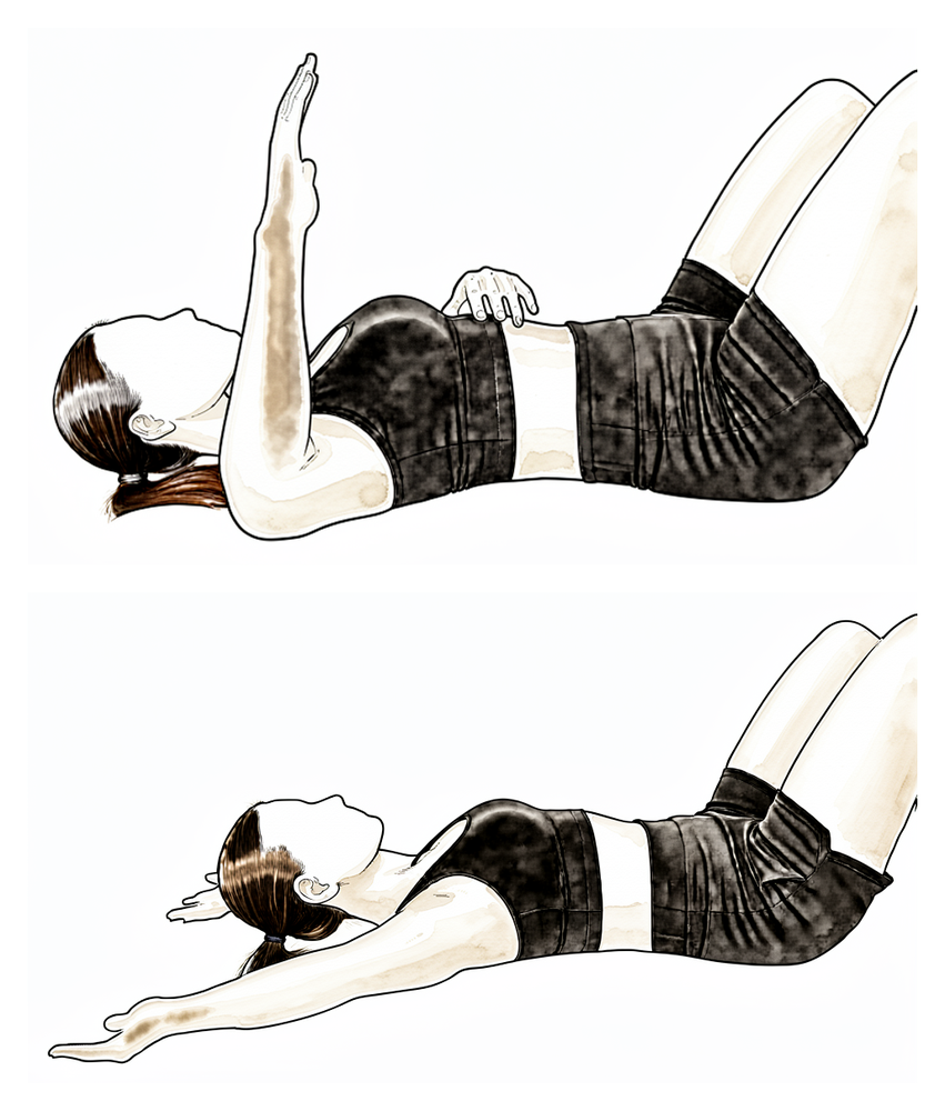 Arm out to the side at shoulder height, elbow bent to a right angle, the forearm rotating back and up against resistance.