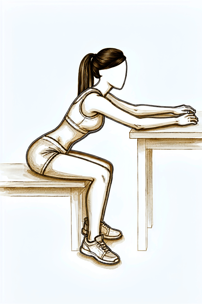 Seated at a table, sliding the operated hand forwards along the surface to bring the arm up.