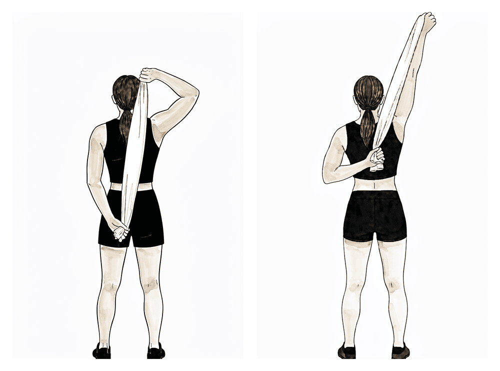 A towel held behind the back, the upper hand gently drawing the lower hand up the back.