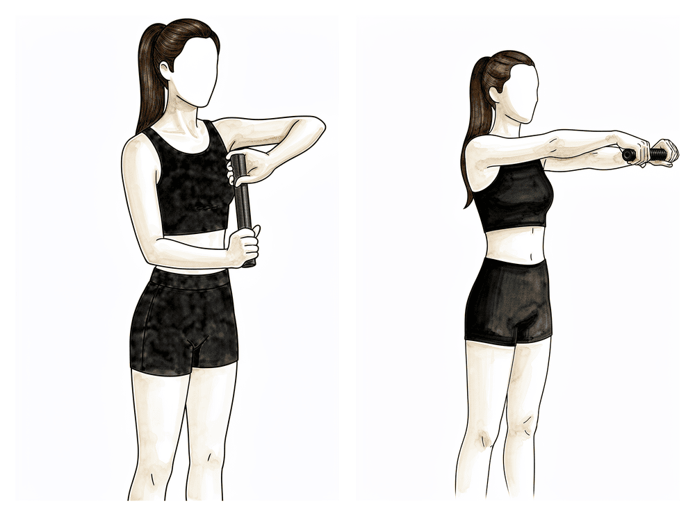 Twisting a flexible rubber bar with both hands, then slowly letting the sore wrist uncurl under control.