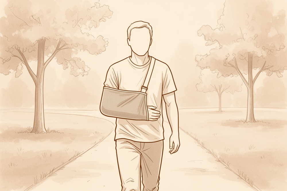 Walking with the operated arm resting in a sling.