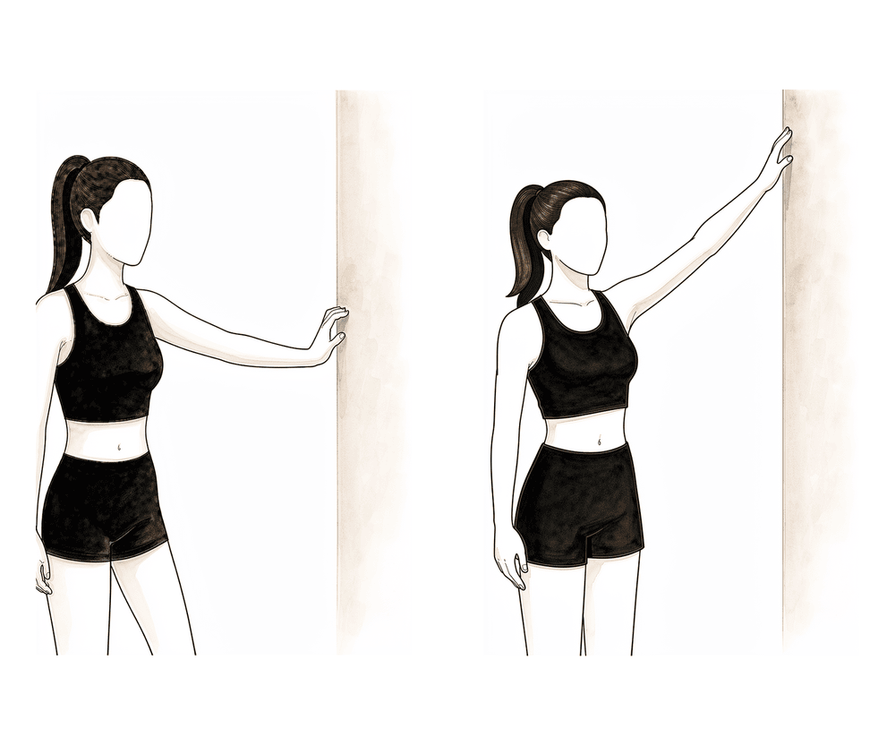 Standing side-on to a wall, the fingers walk up the wall out to the side, raising the arm into abduction.