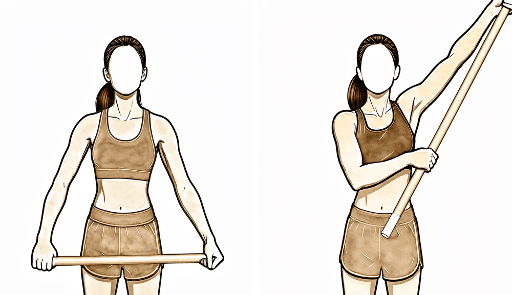 Lying on the back, a stick held in both hands guides the operated arm out to the side.