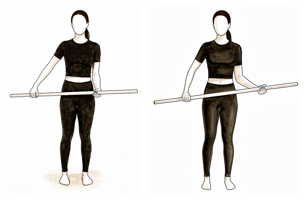Lying on the back, a stick held in both hands pushes the forearm of the operated arm outwards.