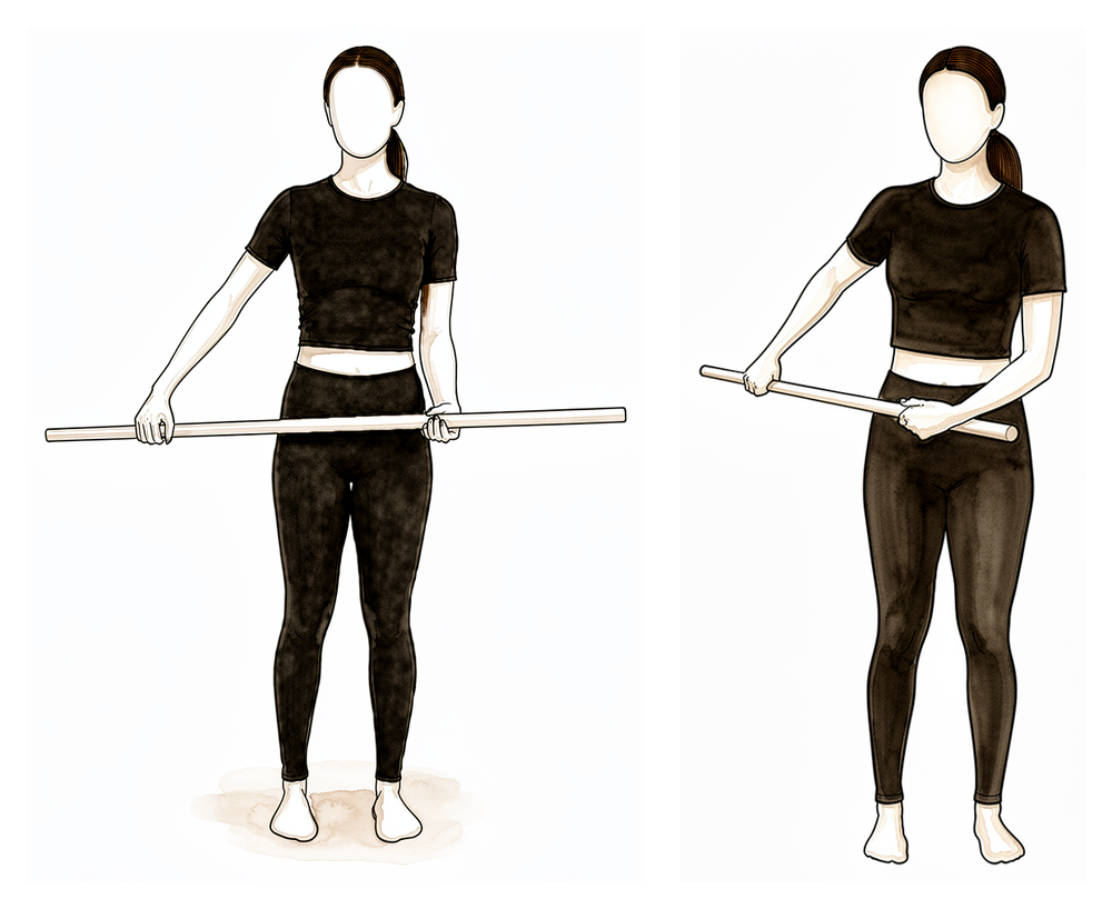 A stick held in both hands guiding the operated hand inwards across the body.