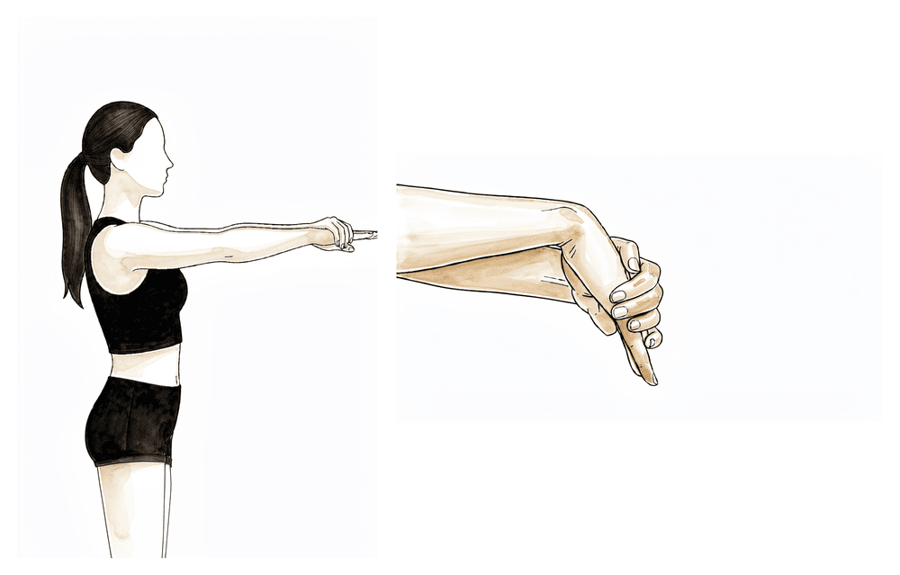 Arm held out straight, palm facing down, the other hand bending the wrist down so the fingers point to the floor.