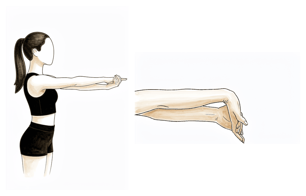 Arm held out straight, palm facing up, the other hand bending the wrist and fingers back towards the floor.